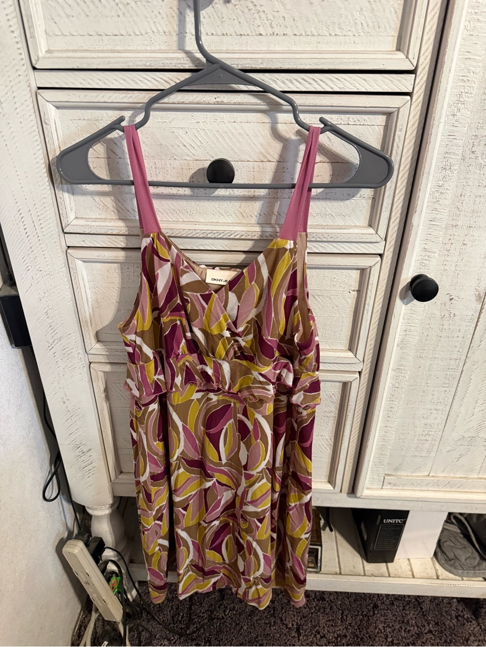 DKNY Pink and Olive Printed Sleeveless Mini Dress